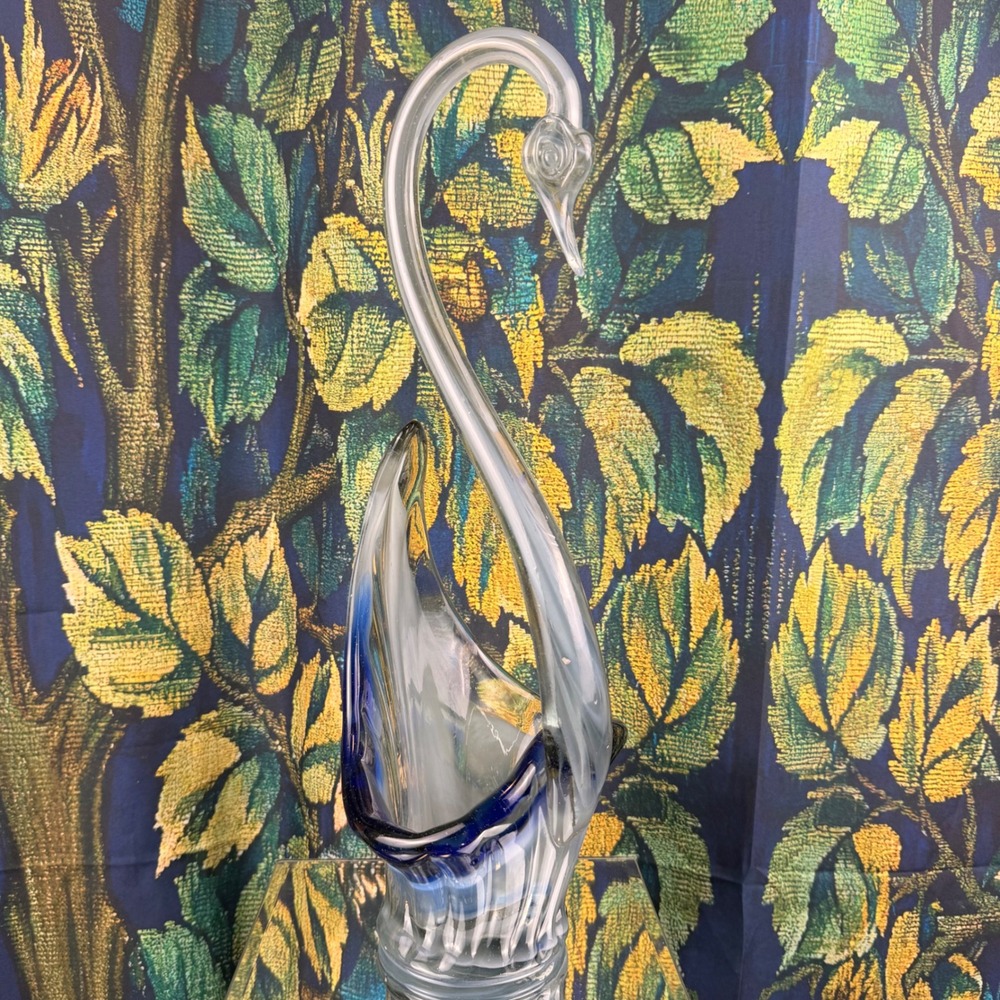 Vintage Hand Blown Art Glass Swan Figurine Cobalt Blue White Mid Century Modern